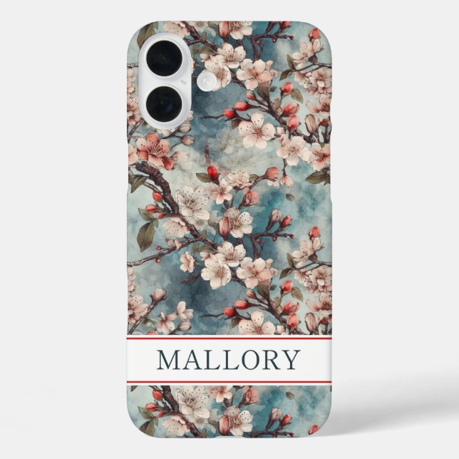 Cherry Blossoms Teal Sakura Print Monogrammed iPhone 16 Plus Hülle (Rückseite)