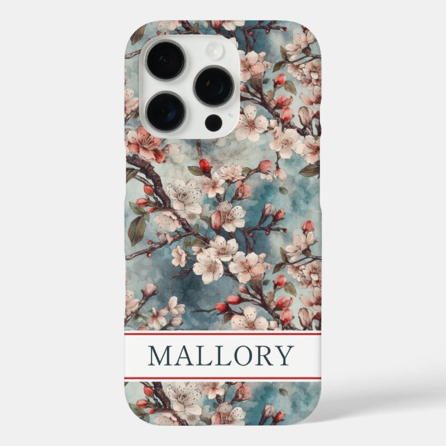 Cherry Blossoms Teal Sakura Print Monogrammed iPhone 16 Pro Hülle (Rückseite)