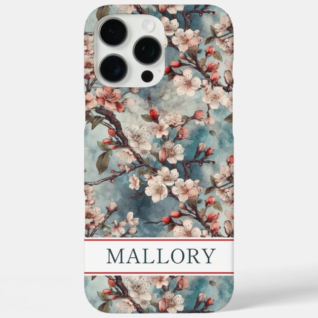Cherry Blossoms Teal Sakura Print Monogrammed iPhone 16 Pro Max Hülle (Rückseite)