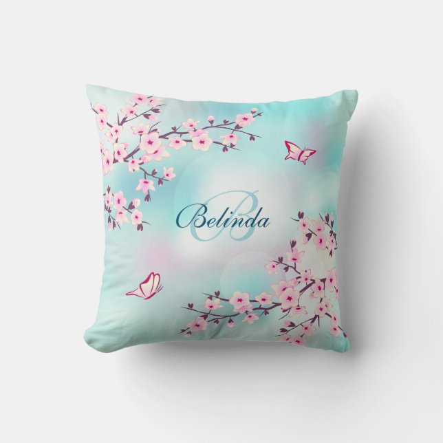 Cherry Blossoms Türkis Monogram Floral Kissen (Vorderseite)