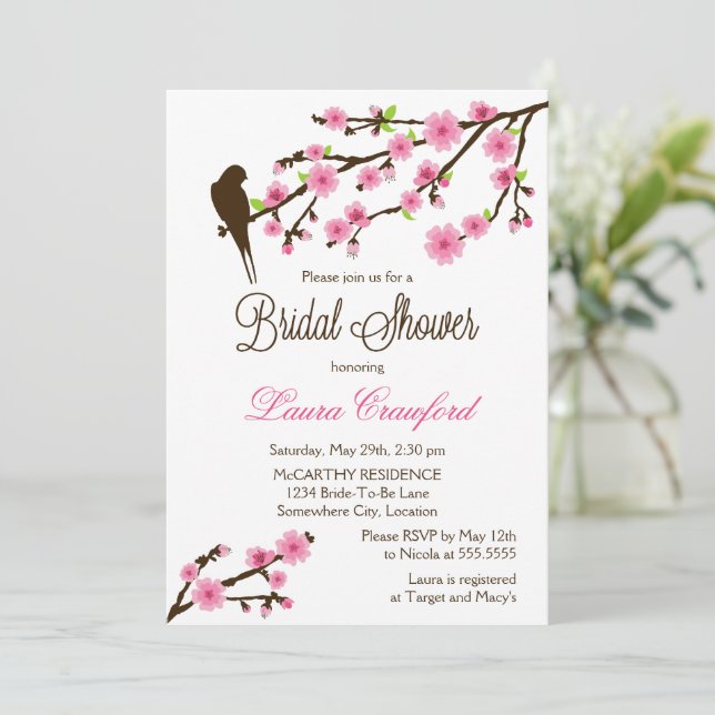 Cherry Blossoms und Bird-Brautparty Einladung (Stehend Vorderseite)
