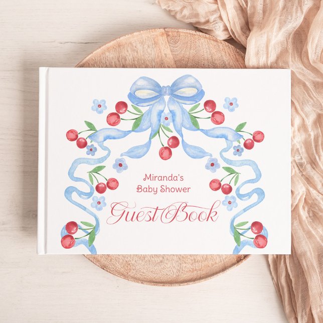 Cherry Blue Bow Baby Dusche Gästebuch (Von Creator hochgeladen)