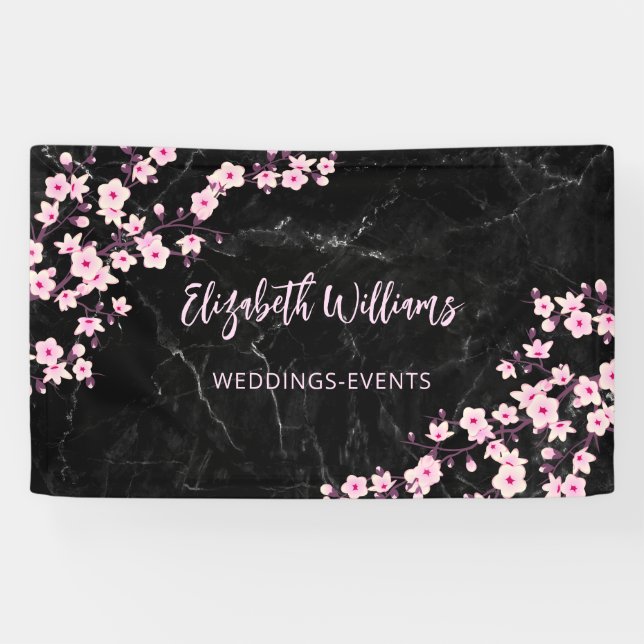 Cherry blüht rosa Banner aus schwarzem Marmor (Horizontal)