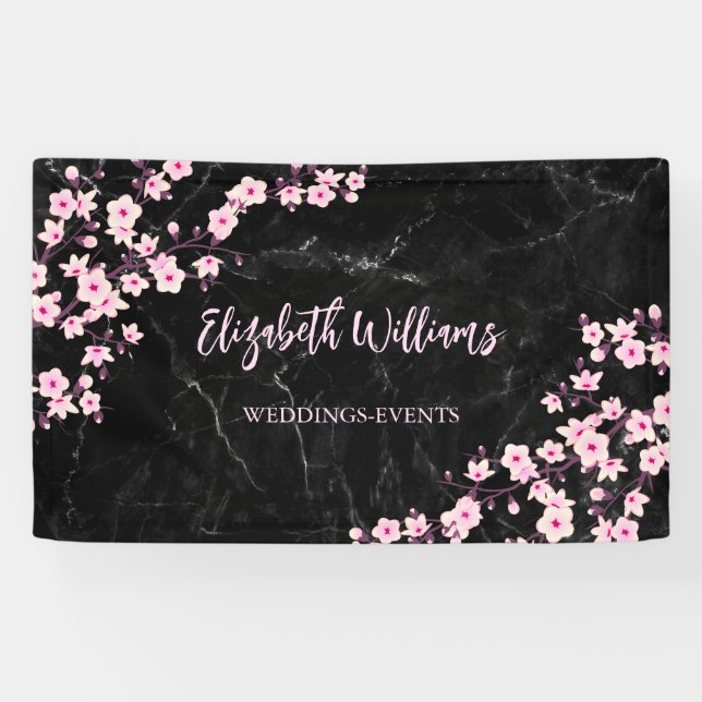 Cherry blüht rosa Banner aus schwarzem Marmor (Horizontal)