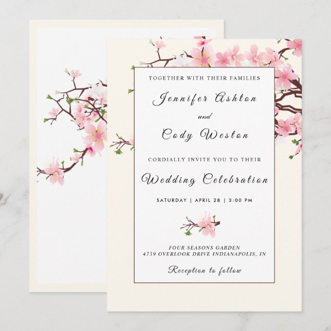 Cherry blüht rosa Beige Einladungs-Karte Einladung (Vorne/Hinten)