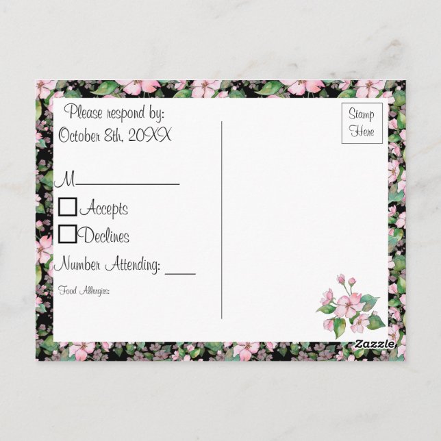 Cherry Blüten auf Black Wedding RSVP Postcard Postkarte (Rückseite)