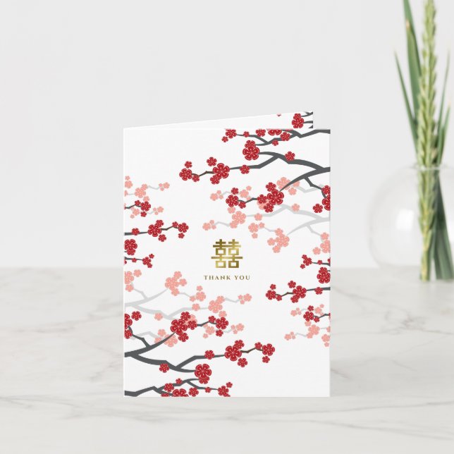 Cherry Blüten Doppelglücklichkeit Chinesische Hoch Dankeskarte (Vorderseite)