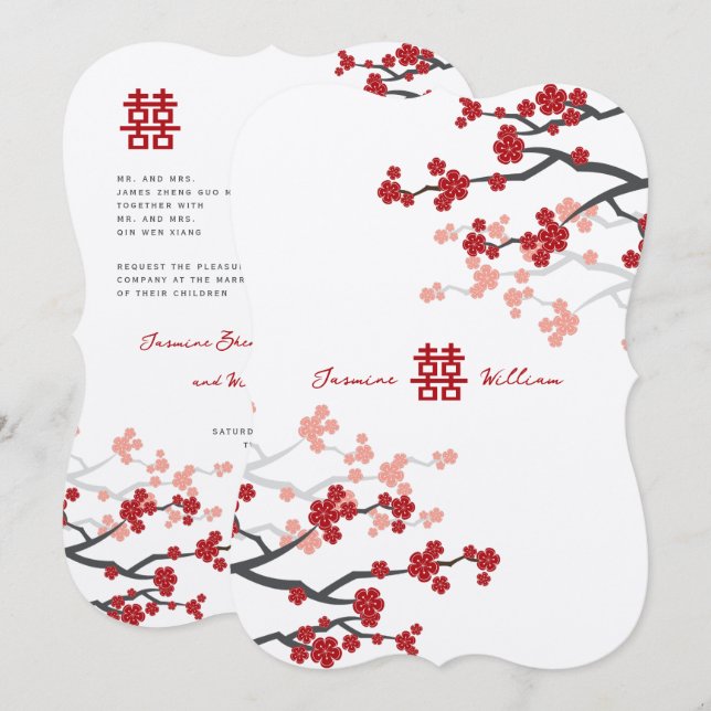 Cherry Blüten Doppelglücklichkeit Chinesische Hoch Einladung (Vorne/Hinten)