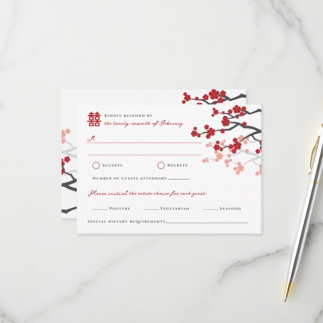 Cherry Blüten Doppelglücklichkeit Chinesische Hoch RSVP Karte (Vorderseite/Rückseite Beispiel)