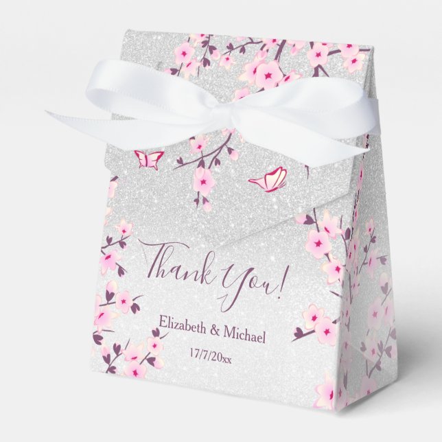 Cherry Blüten Rosa Silber Glitzer Custom Wedding Geschenkschachtel (Vorderseite)