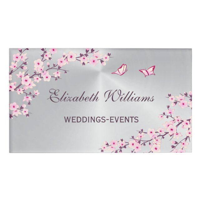 Cherry Blüten Rosa Silberdecker Hochzeitsplaner Namenschild (Vorderseite)