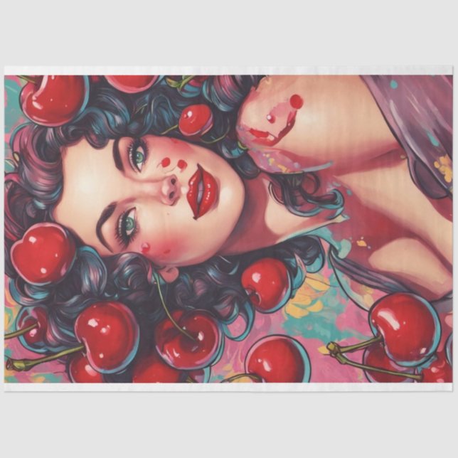 Cherry Bomb Babe Pinup Retro Decoupage Seidenpapier (Vorderseite)