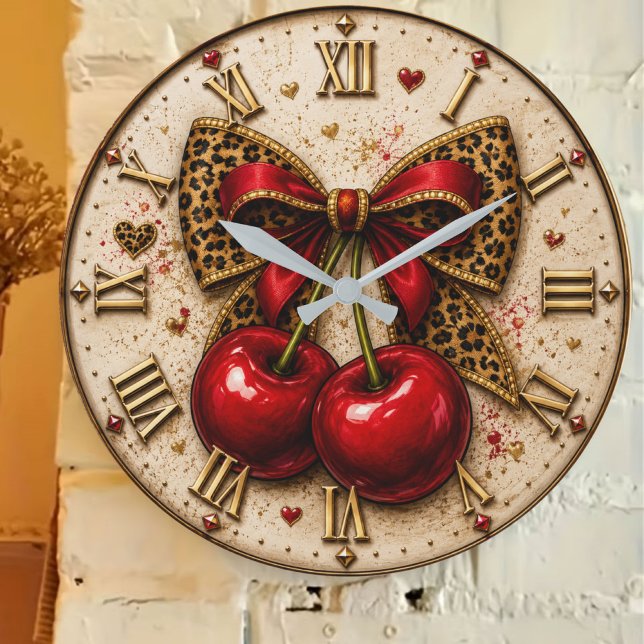 Cherry Bow Cute Leopard Print Coquette Cherry Große Wanduhr (Von Creator hochgeladen)