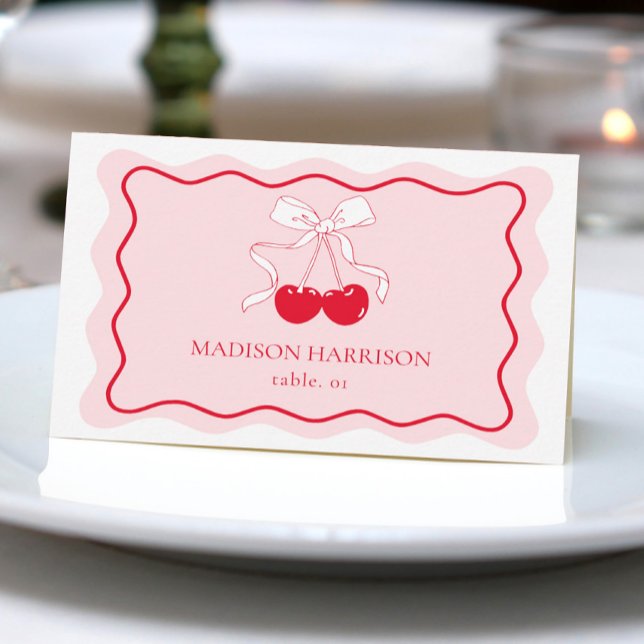Cherry Bow Red Pink Wedding Name Platzkarte DIY (Von Creator hochgeladen)