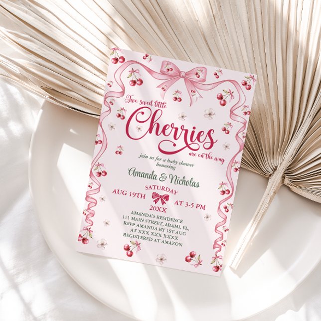 Cherry Bow Twin Girls Baby Shower Einladung (Von Creator hochgeladen)