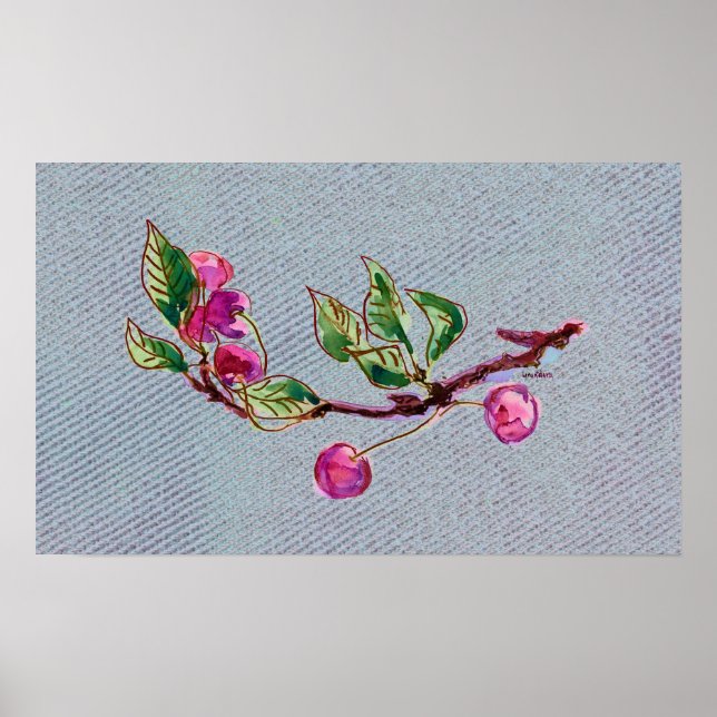 Cherry Branch auf Denim Poster (Vorne)