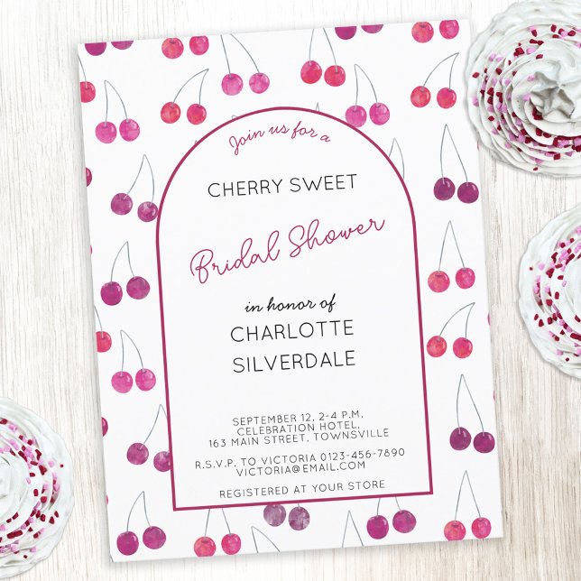 Cherry Bridal Dusche Einladung Postkarte (Watercolor cherries pattern personalized custom name text bridal shower invitation postcard)