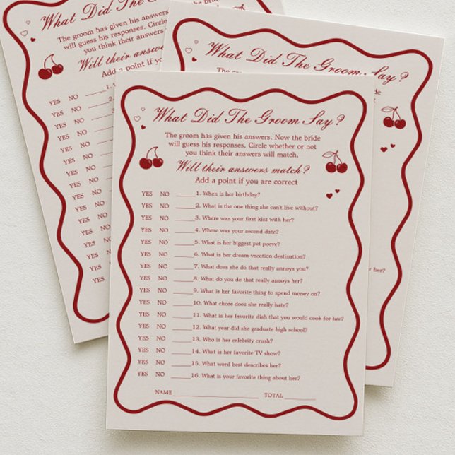 Cherry Bridal Shower What Did He Say Game Card Einladung (Von Creator hochgeladen)