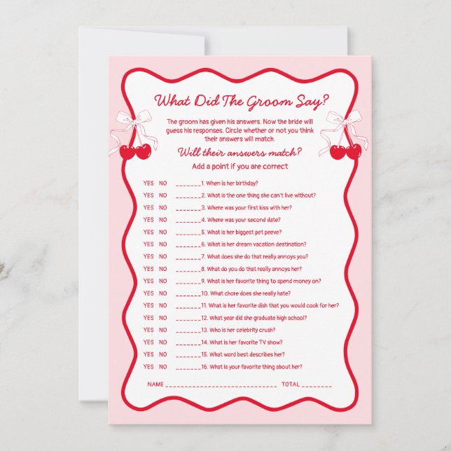 Cherry Bridal Shower What Did the Groom Say Game Einladung (Vorderseite)