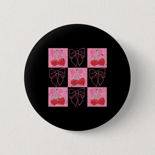 Cherry Coquette Bow Ribbon Pink Valentine überprüf Button (Vorderseite)
