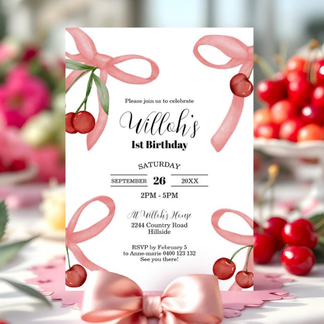 Cherry Coquette Bows Birthday Einladung (Coquette Cherry 1st Birthday Invitation Cherry Birthday Invitation Bows and Cherries)