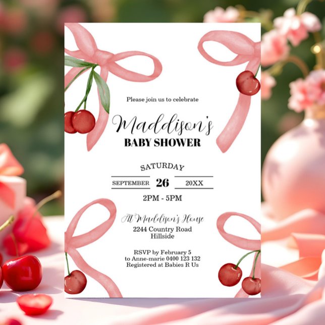 Cherry Coquette Bows Kinderdusche Einladung (Cherry Baby Shower Invitation. Coquette Baby Shower Invitation Cherries and Bows Baby Shower Invite)
