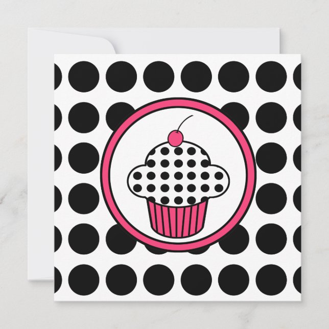 Cherry Cupcake Einladung Polka Dot / Pink & Black (Vorderseite)