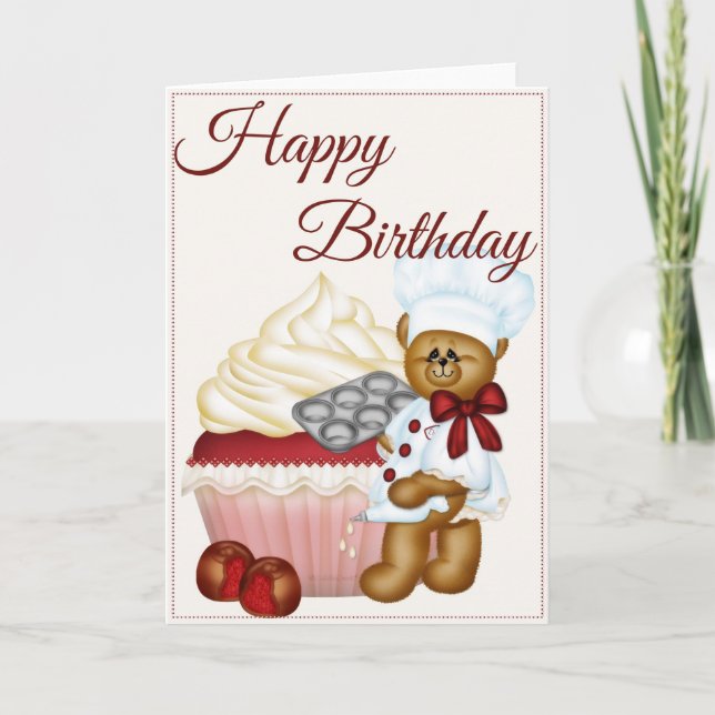 Cherry Cupcake w/Bear Baker Happy Birthday Card Karte (Vorderseite)