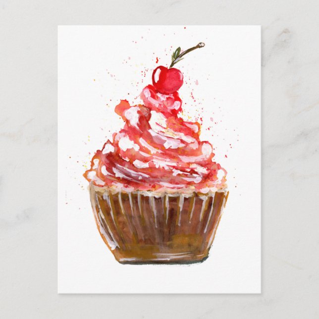 Cherry Cupcake Watercolor Postkarte (Vorderseite)