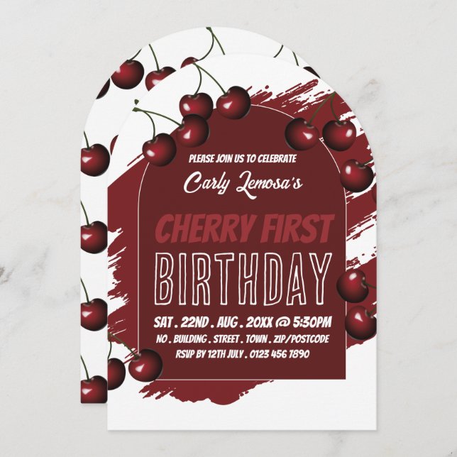 Cherry Design, Cherry First Birthday Einladung (Vorne/Hinten)