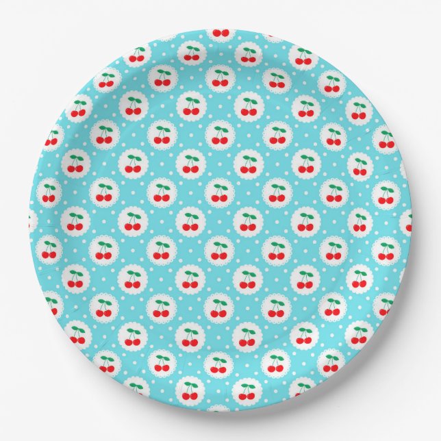 Cherry Dot Pattern - Retro Fruit Gift & Decke Pappteller (Vorderseite)