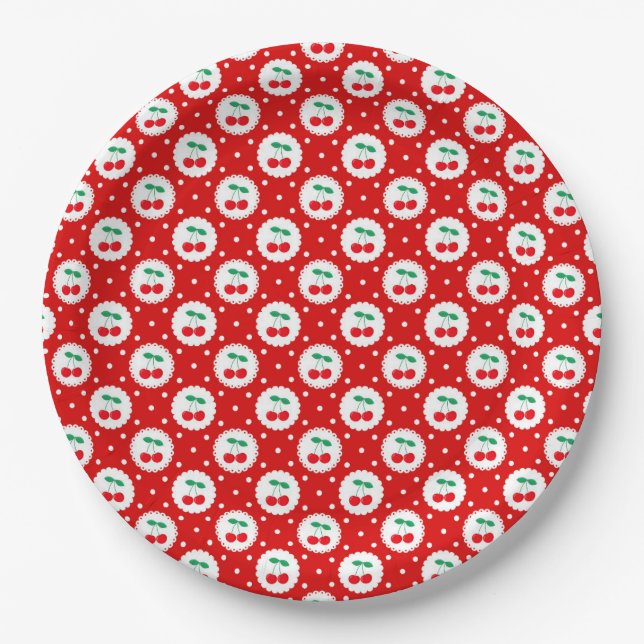 Cherry Dot Pattern - Retro Fruit Gift & Decke Pappteller (Vorderseite)