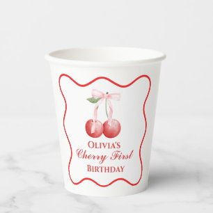 Cherry erster Geburtstag Pink Bow Gingham Pappbecher