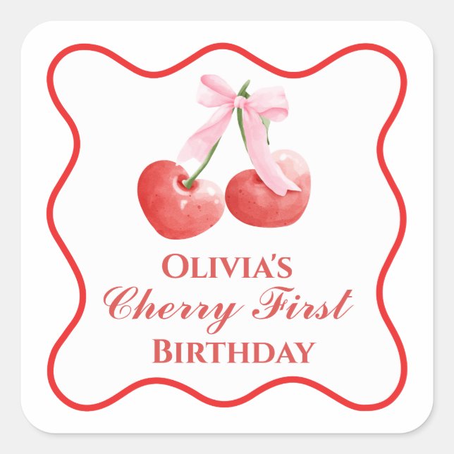 Cherry erster Geburtstag Pink Bow Gingham Quadratischer Aufkleber (Vorderseite)