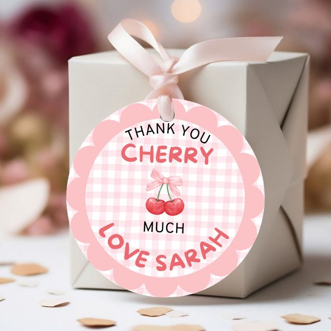 Cherry erster Geburtstag Pink Bow Gingham Sticker (Von Creator hochgeladen)