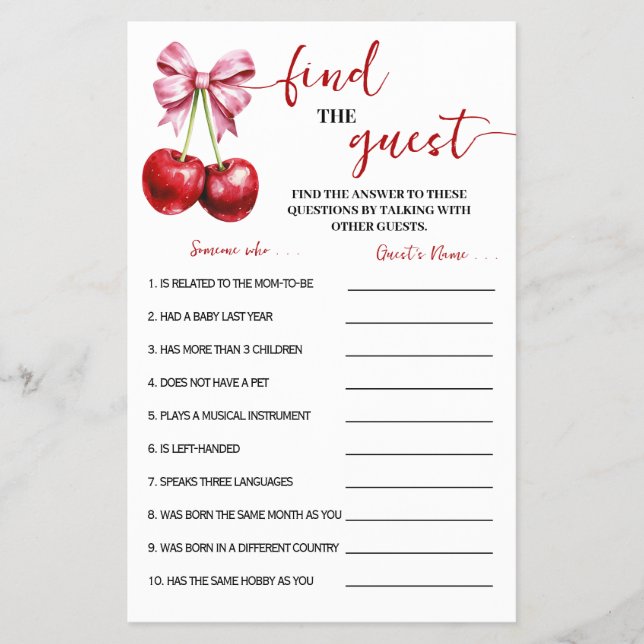 Cherry Finden Sie die Baby Shower Game Card Flyer (Vorne)