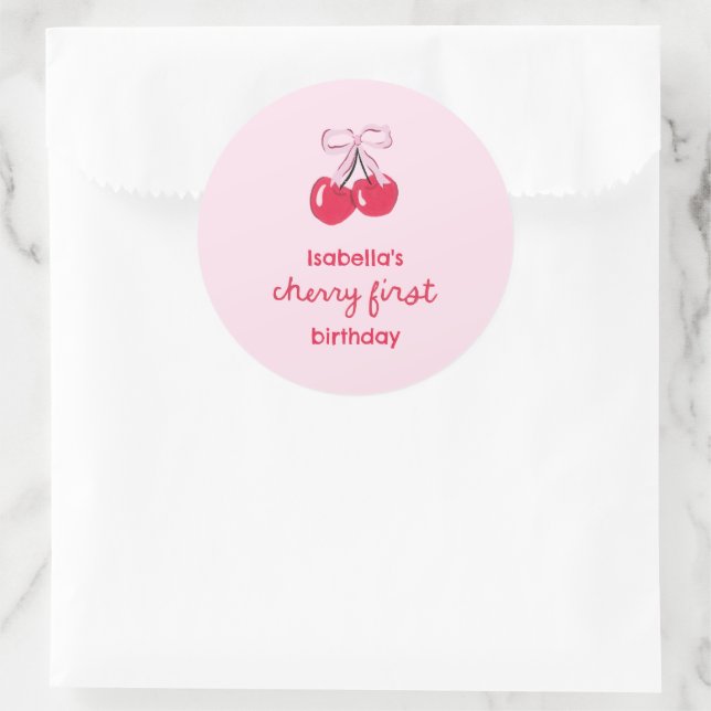 Cherry First Birthday Coquette Bow Favor Runder Aufkleber (Tasche)