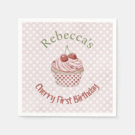 Cherry First Birthday Coquette Watercolor Cupcake Serviette