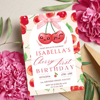 Cherry First Birthday Girl 1. Frucht Bow Geburtsta Einladung