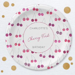 Cherry First Birthday Personalisiert Watercolor Pappteller