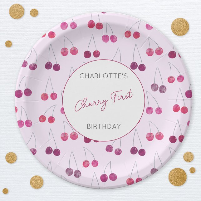 Cherry First Birthday Personalisiert Watercolor Pi Pappteller (Modern Cherry First birthday personalized party paper plates)