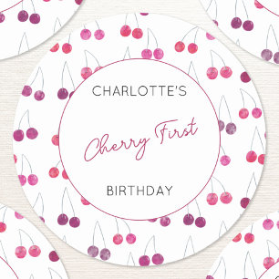Cherry First Birthday Personalisiert Watercolor Runder Aufkleber