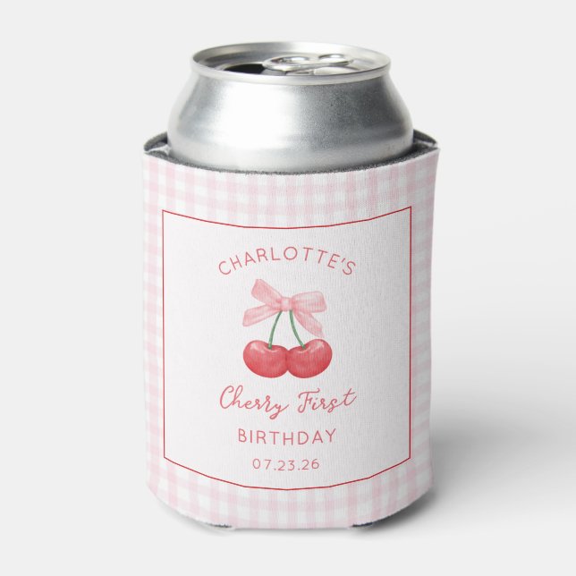 Cherry First Birthday Pink Gingham Girls Ein Jahr Dosenkühler (Kanne Vorderseite)