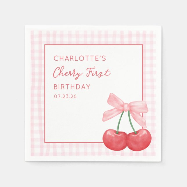 Cherry First Birthday Pink Gingham Girls Ein Jahr Serviette (Vorderseite)