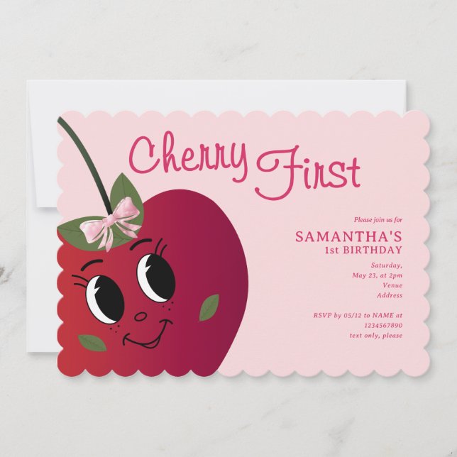 Cherry First Girl Niedlicher Cartoon Sweet 1st Bir Einladung (Vorderseite)