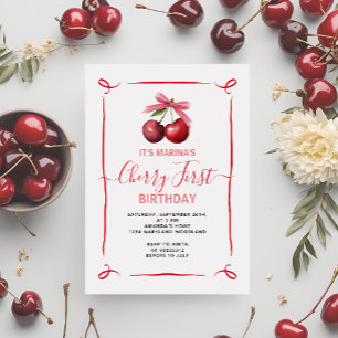 Cherry First Pink Bow Invitation de fête d'anniver