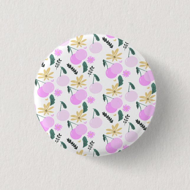 Cherry Floral Greenery Gelb Rosa Herz Muster Button (Vorderseite)