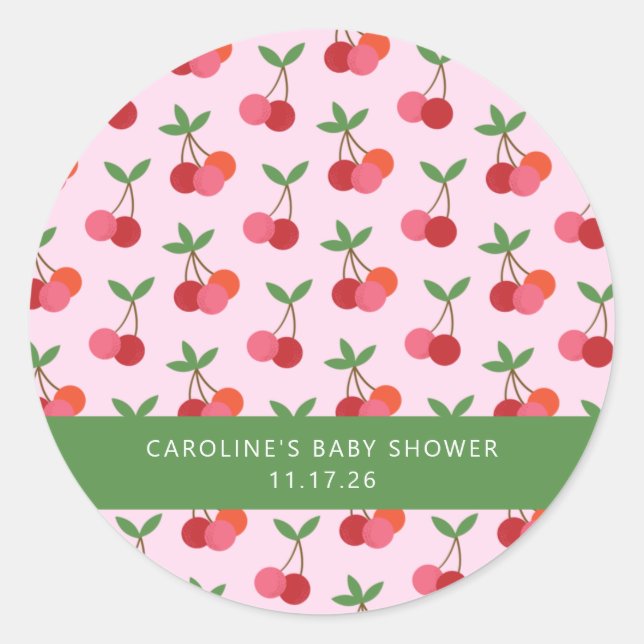 Cherry Fruit Pink Grün Niedliche Babydusche Runder Aufkleber (Vorderseite)