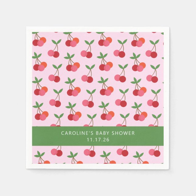 Cherry Fruit Pink Grün Niedliche Babydusche Serviette (Vorderseite)