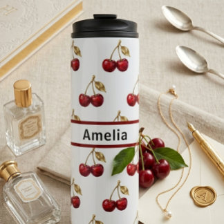 Cherry & Golden Leaves Custom Name Design Gift Thermosbecher